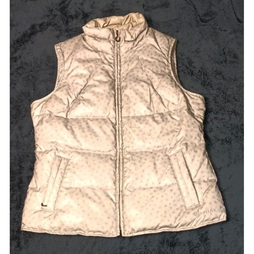 Rare Ariat Ostrich Print Zip Up Puffer Down Vest Womens L Beige Equestrian Boho